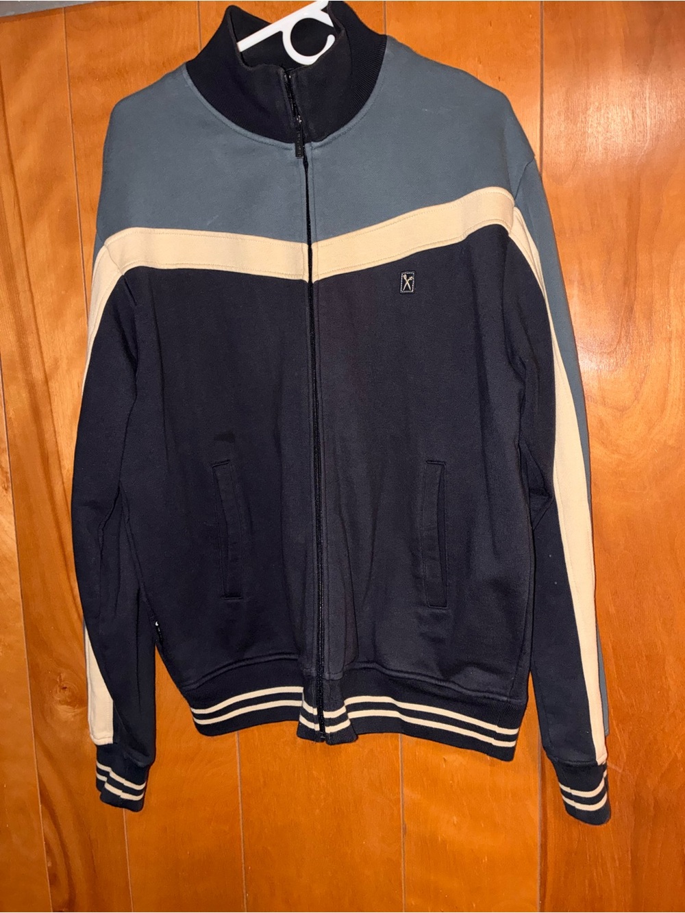 Marc Echo cut and sew  Navy Blue Zip-Up Track Jacket with Cream Stripe XL